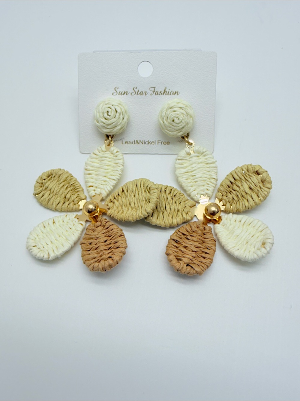 Cream & Tan Floral Raffia Drop Earrings
